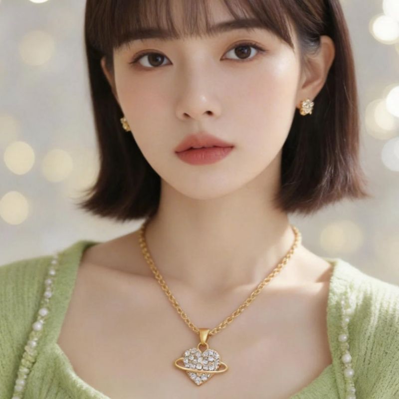 Ring necklace earring set Pearl studded diamond necklace Double layer bead chain CRRSHOP free shipping