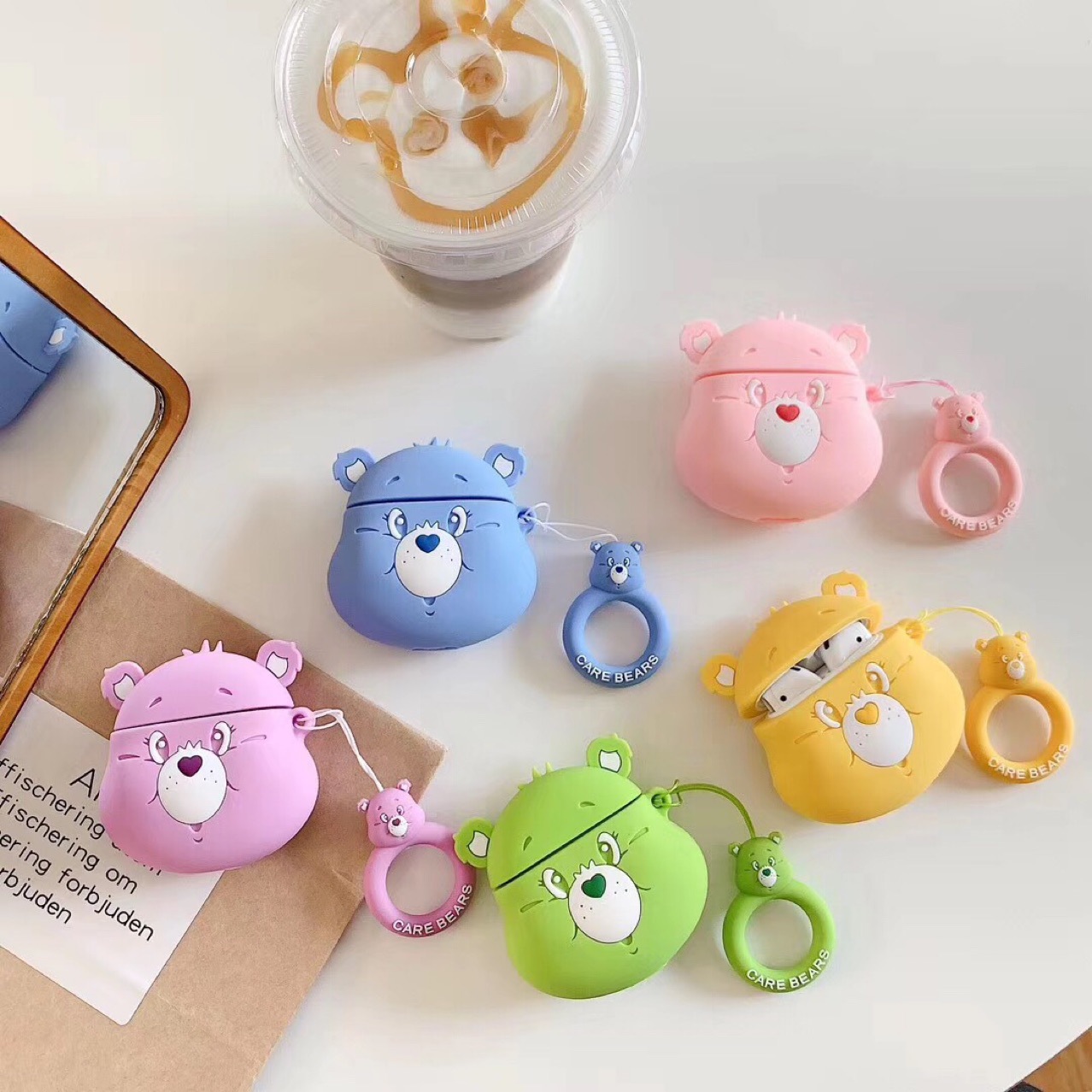 3D Cartoon Smiling Bear Design Earphone Case with Finger Ring for Airpods 1/2 Cute Candy Color Soft Cover for Airpods