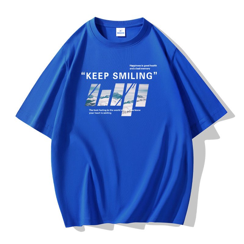 Shirts Large Size Pure Cotton Easy to Wash Soft Crew Neck Street Printing T-Shirt for MenBlue
