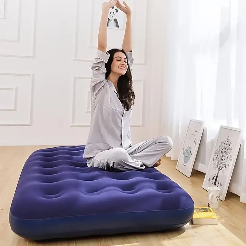 AUNONT PVC inflatable mattress inflatable high thickened flocking automatic inflatable mattress home double inflatable mattress nap folding mattress fashionable design foot pump inflatable model camping durable mattress waterproof air mattress