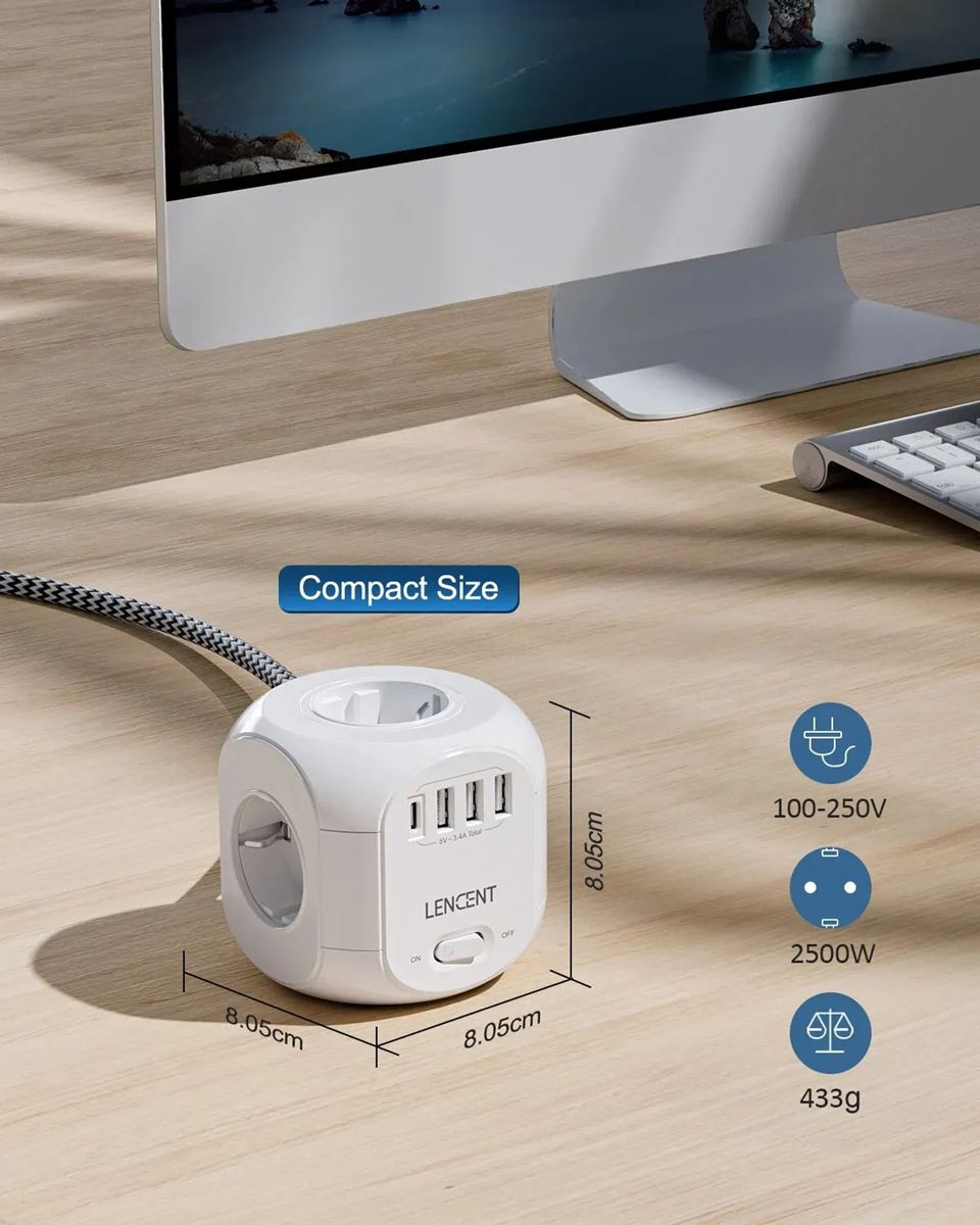EU Plug Power Strip with 4 AC Outlets 3 USB Port 1 Type C 2M/3M Braided Cable Multi Socket with Switch for Home