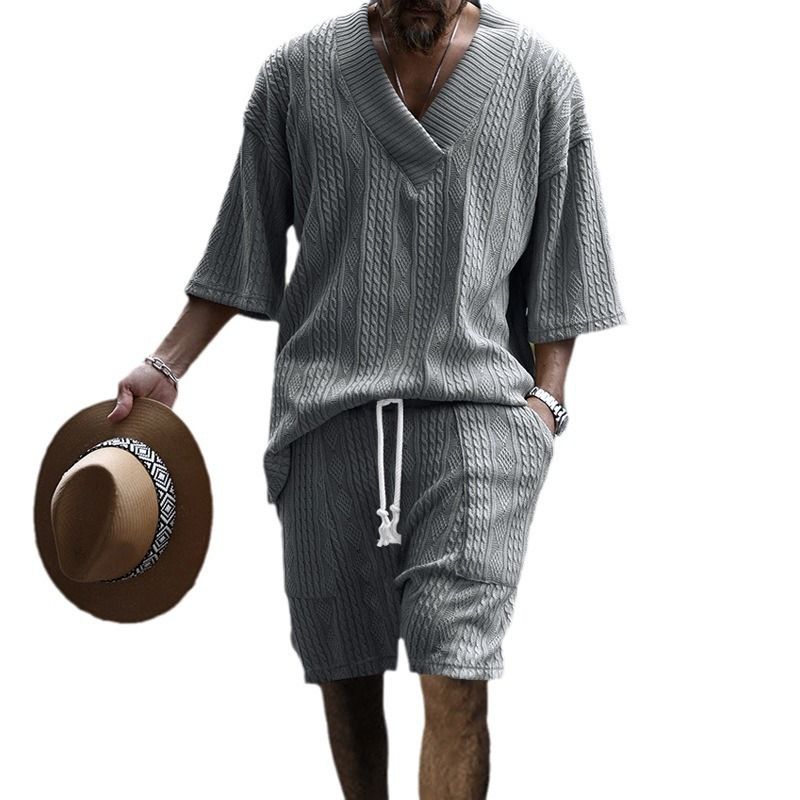 New European American Casual Loose Seven Quarter Sleeve Jacquard Knitted Sweater Top Shorts Men's Clothing Sets Two-Piece Outfits