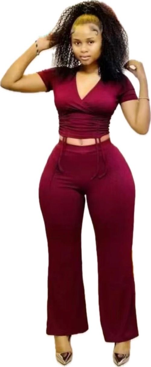 V-neck pleated slim two-piece tracksuit Spice girl pleated deep V short sleeve slacks suit solid color knitted split top + bootcut trim trousers