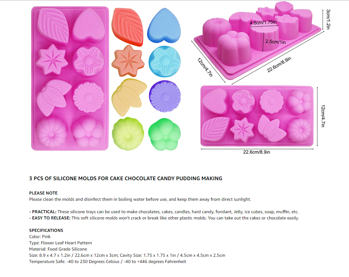 3 Pcs Floral Leaf Silicone Molds, FineGood 8-Cavity Cake Chocolate Pudding  Jelly Soap Muffin Trays for Kitchen Baking Decoration - Pink