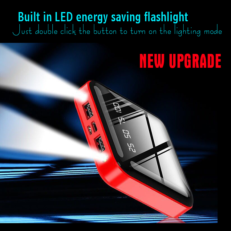 Multi Functional Portable Mobile Power Supply, Power Bank, High Speed Charging ( Square, full mirror screen, Flashlight + Dual USB, Integrated compression type high capacity battery pack) (Red / Blue)
