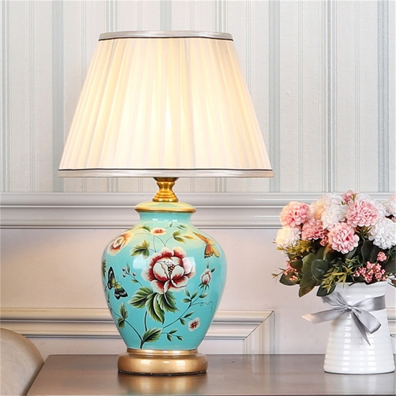 OUFULA Ceramic Table Lamps Modern Luxury Blue Flowers And Birds Pattern Desk Light LED For Home Living Room Bedroom