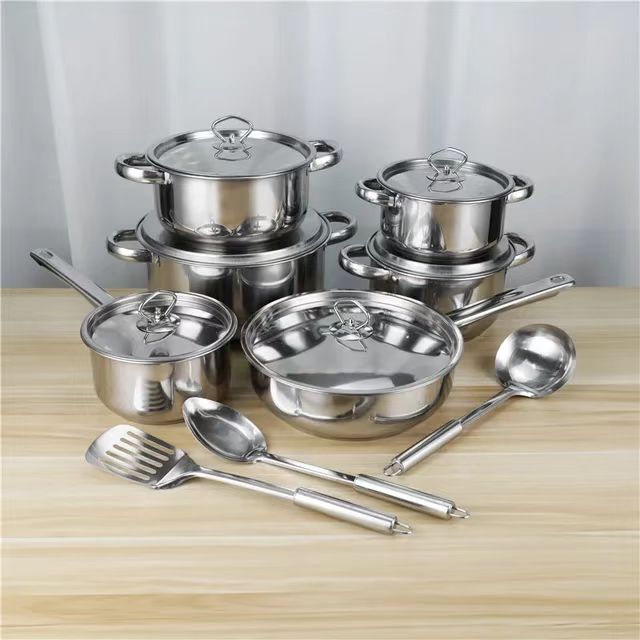15-piece Stainless steel pot set thick composite bottom silver Cooking Pots frying pan soup pot milk pot spoon soup spoon stir fry spoon cookware set