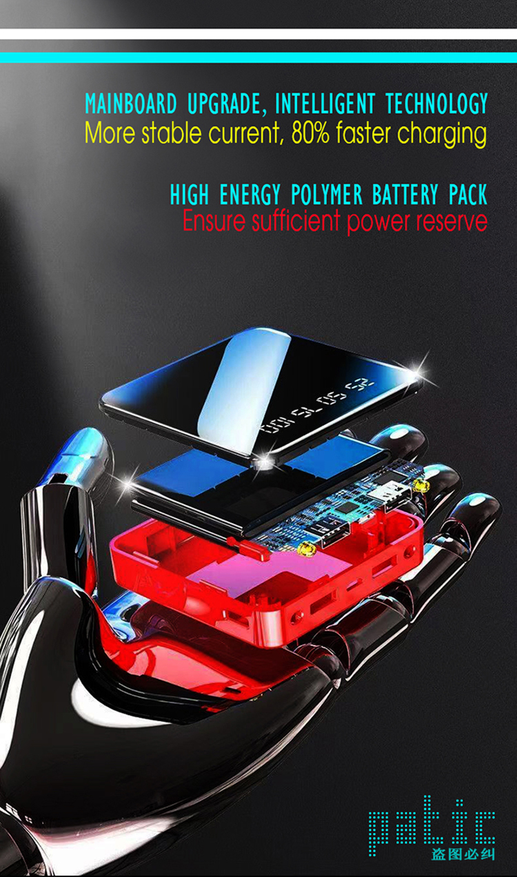 Multi Functional Portable Mobile Power Supply, Power Bank, High Speed Charging ( Square, full mirror screen, Flashlight + Dual USB, Integrated compression type high capacity battery pack) (Red / Blue)
