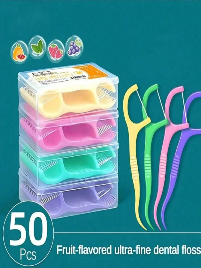 50Pcs/Box Colorful Fruit Flavor Dental Floss Pick Teeth Cleaner With Storage Box Double Line High Tensile Force Teeth Stick