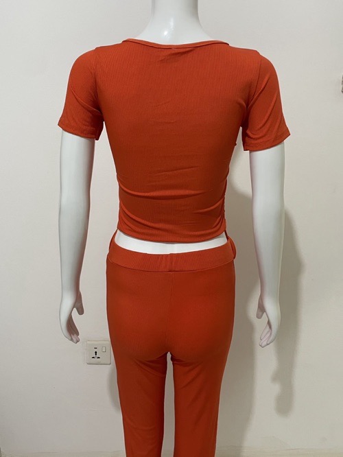 V-neck pleated slim two-piece tracksuit Spice girl pleated deep V short sleeve slacks suit solid color knitted split top + bootcut trim trousers