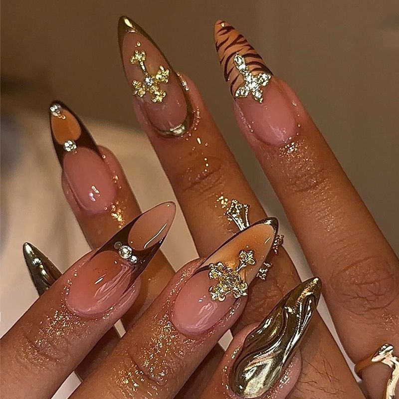 False nail diamond style 24-piece nail art patch, detachable nail cross false nail, three-dimensional leopard print wearable nail piece
