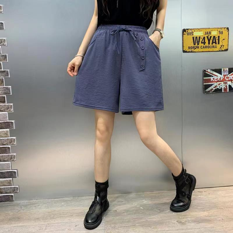 310# Women's Solid Elastic High Waisted Wide Leg Casual Shorts With Side Button Decor