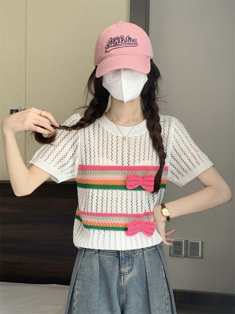 44170-1 Women's Openwork Crewneck Rainbow Stripe Short Sleeve Sweater T-Shirt