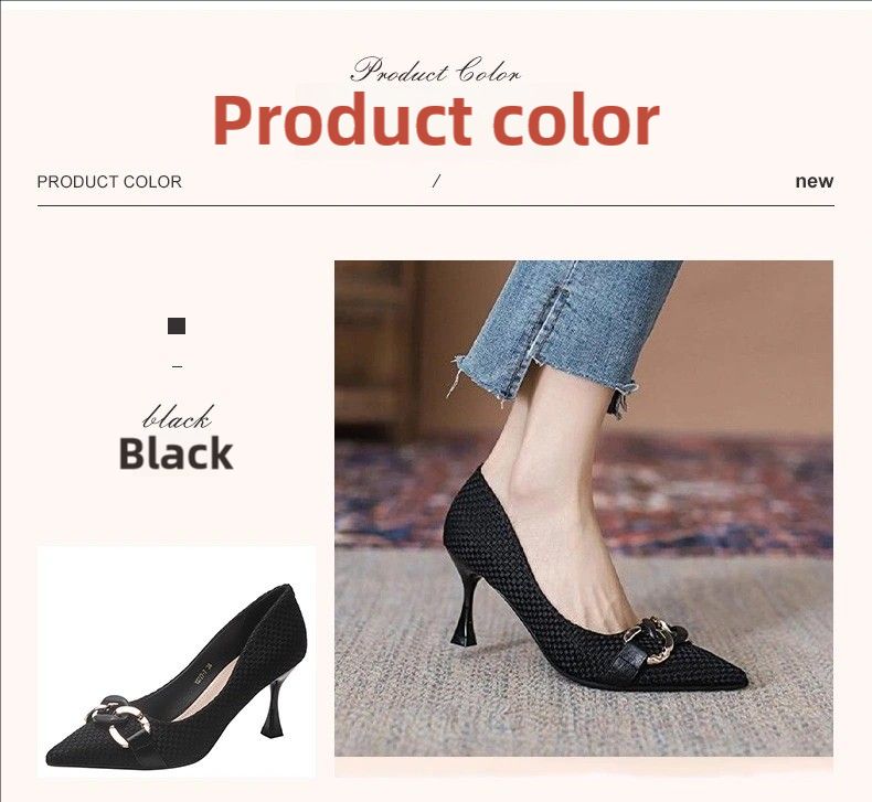New Women's Single Shoes,High Heels,with Metal Chain, Niche and Versatile, Shallow Mouth, Stiletto Heel, Pointed Toe. Pointed Toe and Versatile Single Shoes for All Seasons with Stiletto Heel and Breathable Soft Leather for Professionals.Size 37-41.
