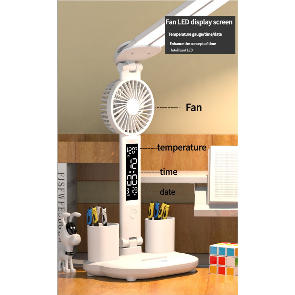 LED Desk Lamp with Fan Desk Lamp for College Dorm Room Desk Lamp with USB Charging Port Adjustable and Dimming LED Four-Head Desk Light with Clock Date Pen Holders Temperature