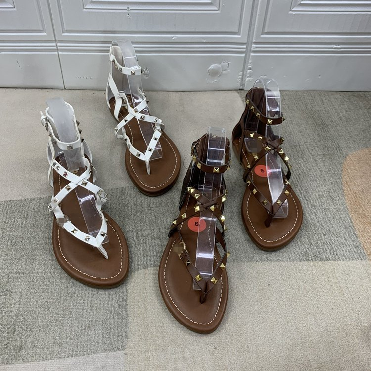 Women's and Girls Roma Sandals Square Studs Cross with Flat Zipper Sandals Flip-Flops Beach Shoes
