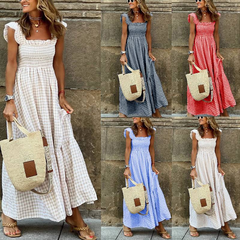 2025 Summer temperament women's collage plaid halter elastic swing dress