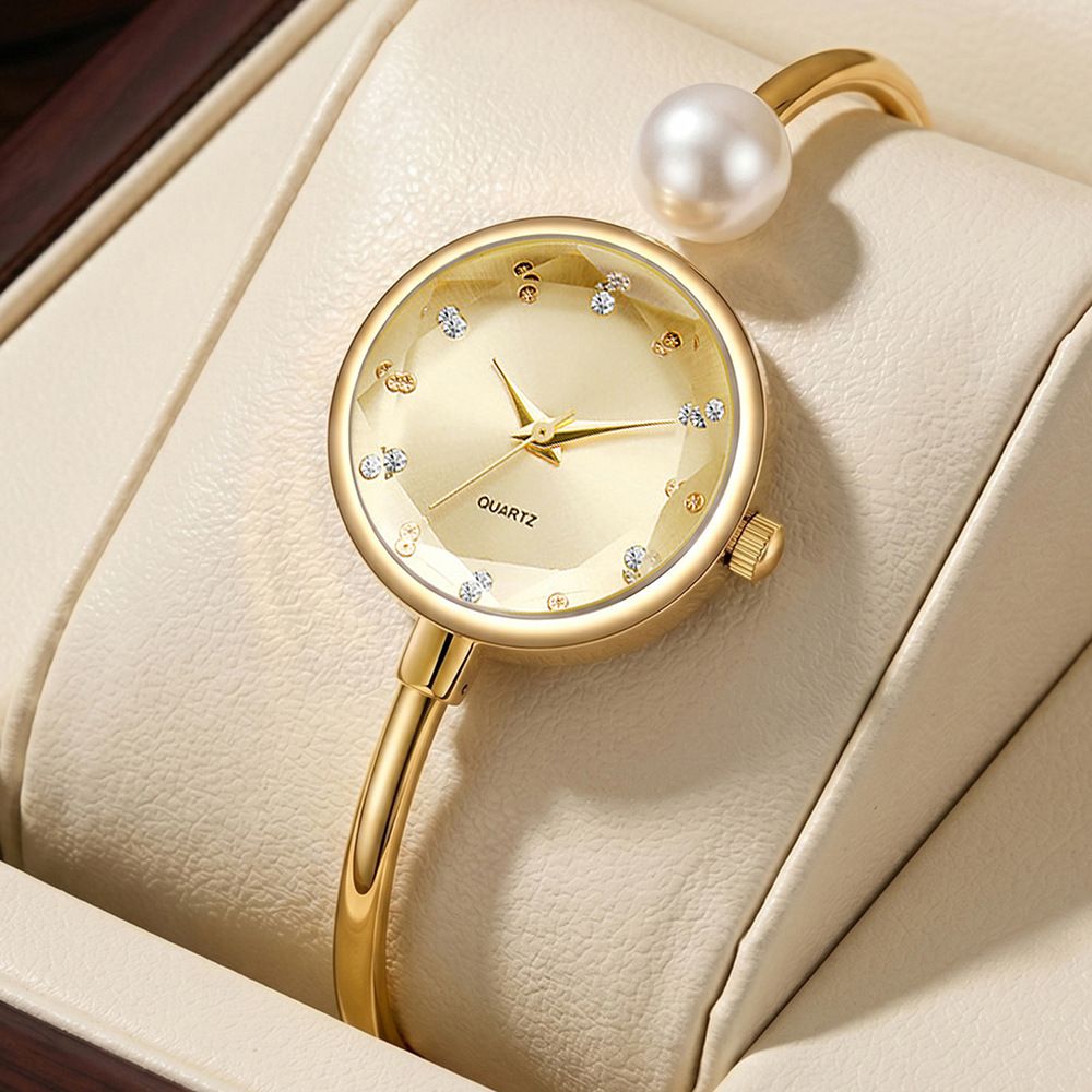 French Romantic Light‑Luxury Women Bangle Watch, Exquisite Pearl & Rhinestone Inlaid Bracelet‑Style Wrist Watch, High‑End Temperament Timepiece for Dating, Party and Daily Decoration