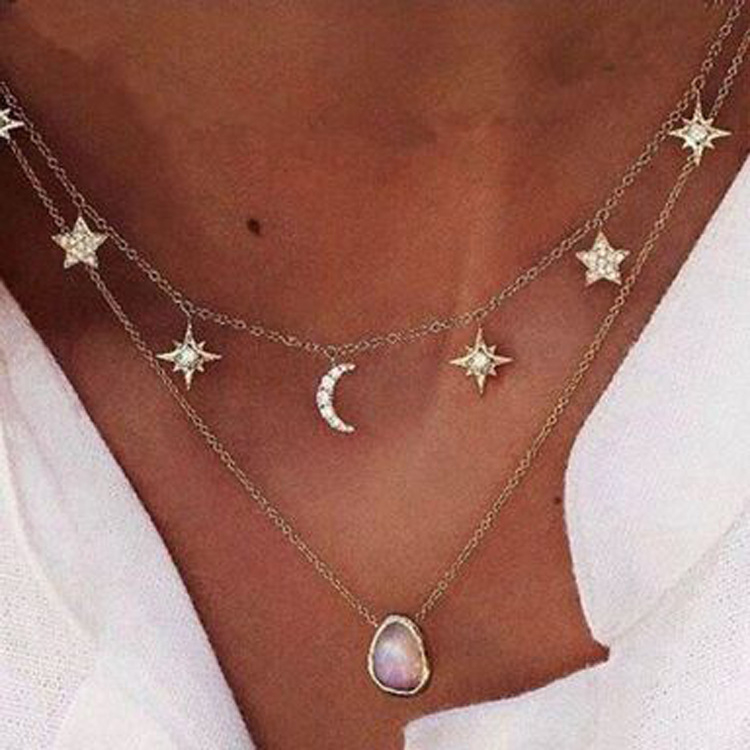 5424 Women's Simple Fashion Pentagram Moon Set Diamond Double Layer Necklace