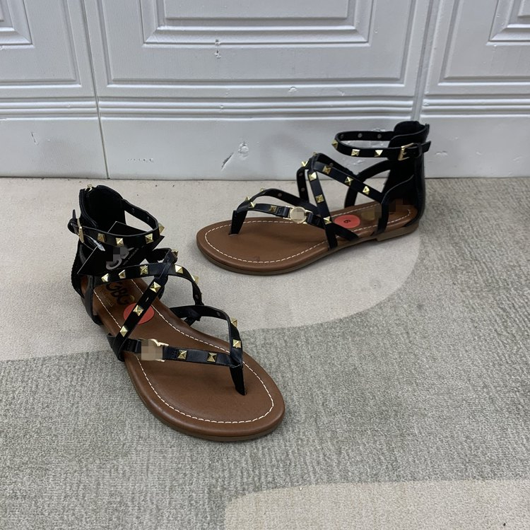 Women's and Girls Roma Sandals Square Studs Cross with Flat Zipper Sandals Flip-Flops Beach Shoes
