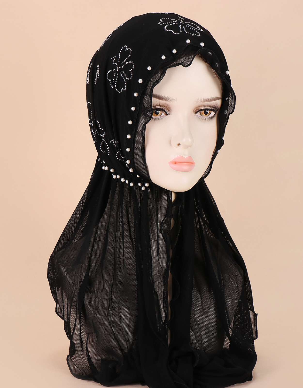 Muslim female headgear hat CRRshop free shipping hot sale Black tulle butterfly hot diamond cap with a bottom pearl diamond pullover cap Muslim cap scarf 