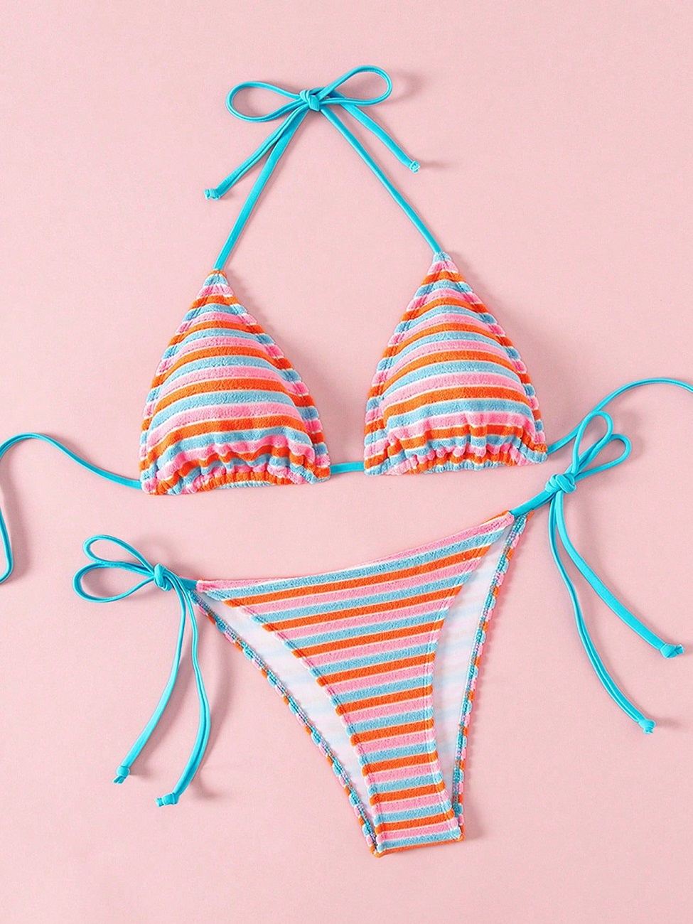 Women's Multicolor Striped Triangle Bikini Set, Textured Fabric, Adjustable Halter Top & Tie-Side Cheeky Bottom, Colorful Two-Piece Swimsuit for Beach, Pool & Vacation
