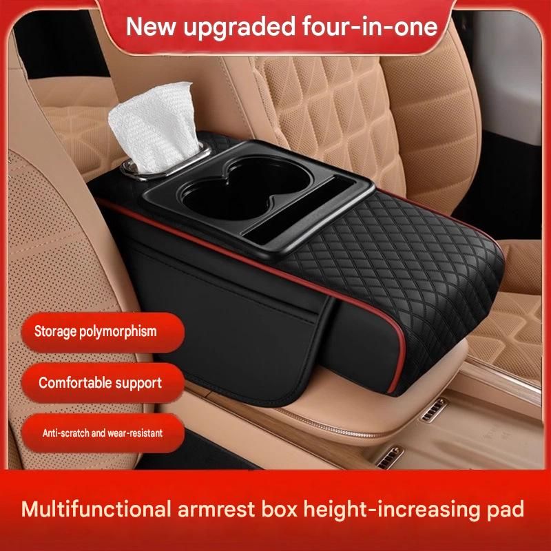 4-in-1 Multifunctional Car Armrest Heightening Pad, Universal Center Console Armrest Cover with Cup Holder & Tissue Box Storage, Comfort Auto Armrest Support Cushion, Practical Car Interior Organizer Accessories