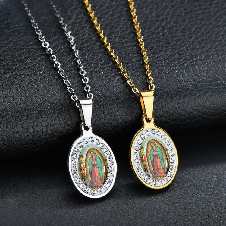 Necklace female jewelry Europe and America colour Virgin Mary portrait Drip glue Pendant ellipse Diamond inlay Stainless steel Women's Necklace CRRSHOP women gold Steel color the Madonna Pendant necklace birthday gift presnet