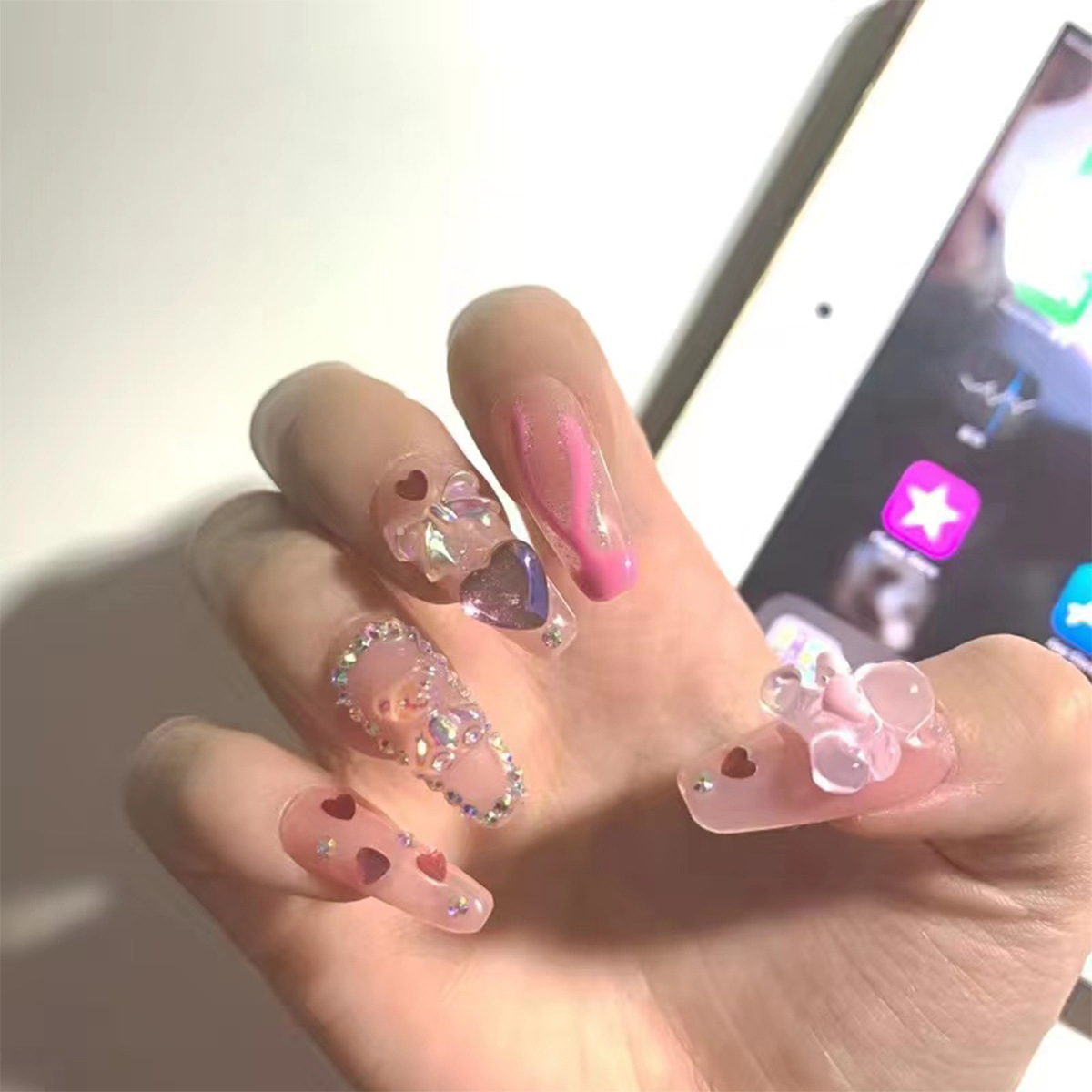 JP1360 24 Pcs Glossy Press on Nails, Medium Coffin Y2K Hot Girl Heart Bear Rhinestones Decals Fake Nails, Acrylics Full Cover False Nails for Women and Girls
