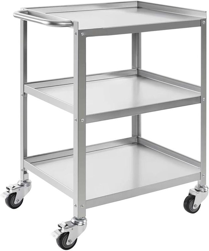 Wannilen Stainless Steel Utility Cart 3 Tier  Commercial Heavy Duty Metal Mobile Food Rolling Cart with Handle and Wheels for Kitchen, Restaurant, Hospital, Laboratory and Home, 24" L x 16" W x 34" H