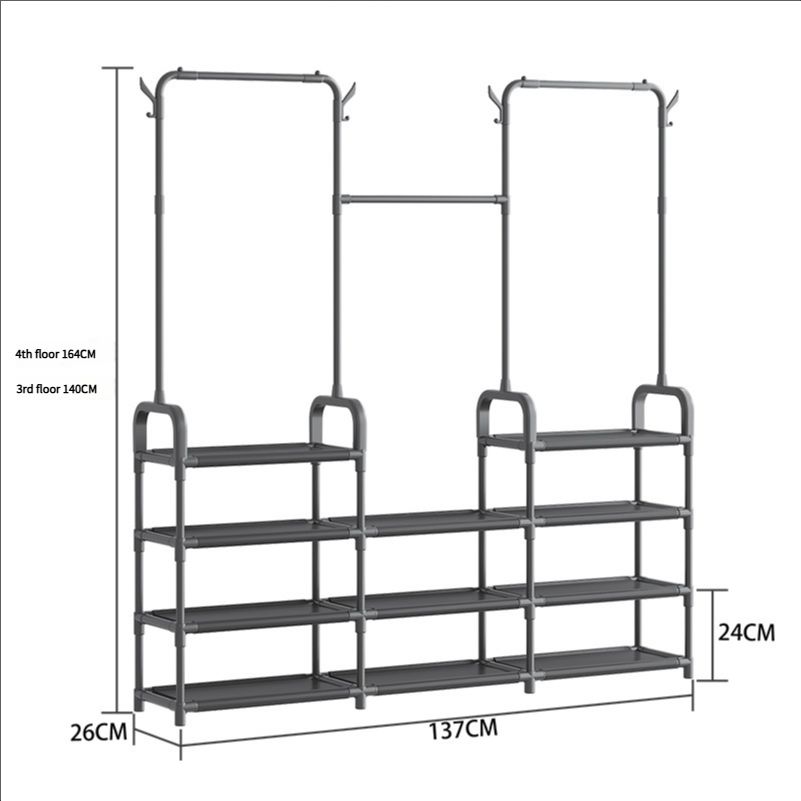 Three-row balcony clothes rack floor-standing multifunctional household indoor bedroom integrated clothes drying rod shoe and hat rack clothes rack