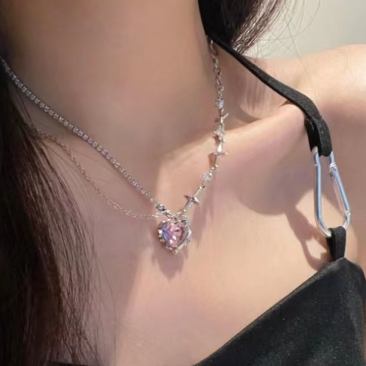 Fashion Peach Heart Star Pendant Necklace Women Pink Crystal Egirl Sweet Cool Clavicle Chain Aesthetic Jewelry
