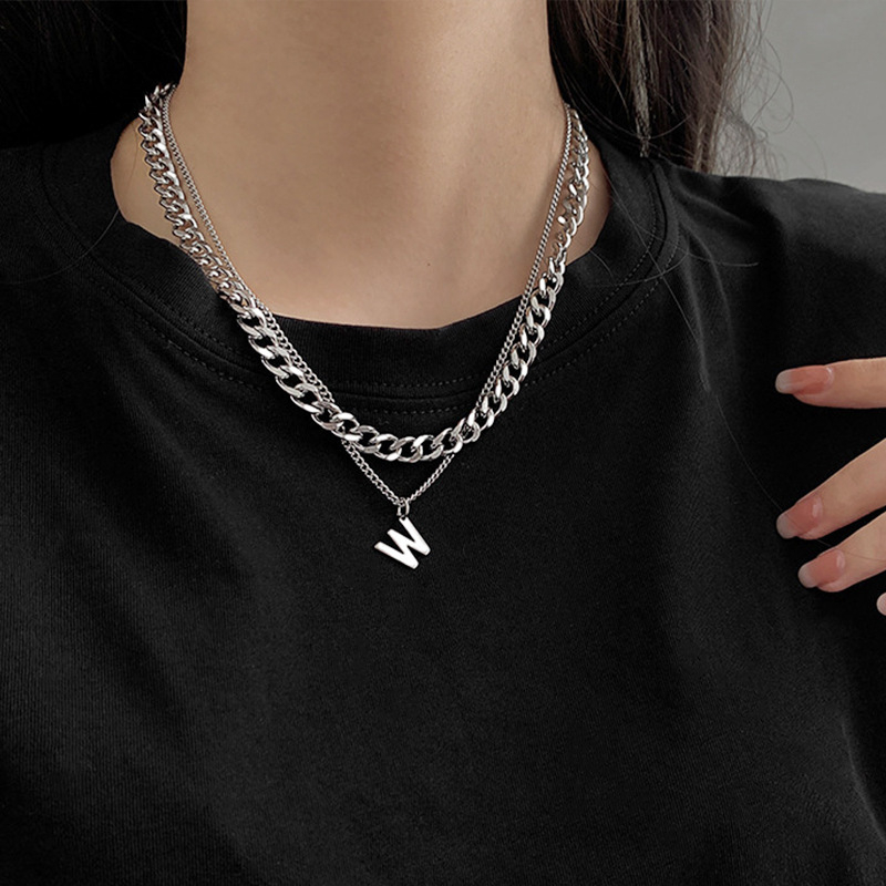 23423 Fashion 26 Initial Letter Design Jewelry Double Layer Hip hop Cuban Chain Titanium Stainless Steel Necklace for Women or Men