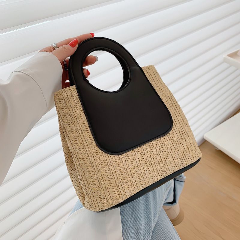 Vintage Color Block Patchwork Handwoven Straw Tote Bag, Large Capacity Multi-use Shoulder & Handheld Bag, Minimalist Fashion Daily Market Shopping Bag Ideal for  Ladies Outdoor Travel Beach Outing
