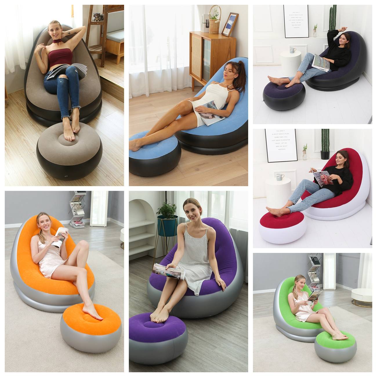 Flocking inflatable sofa indoor lazy with footrest folding recliner sofa leisure air cushion sofa recliner