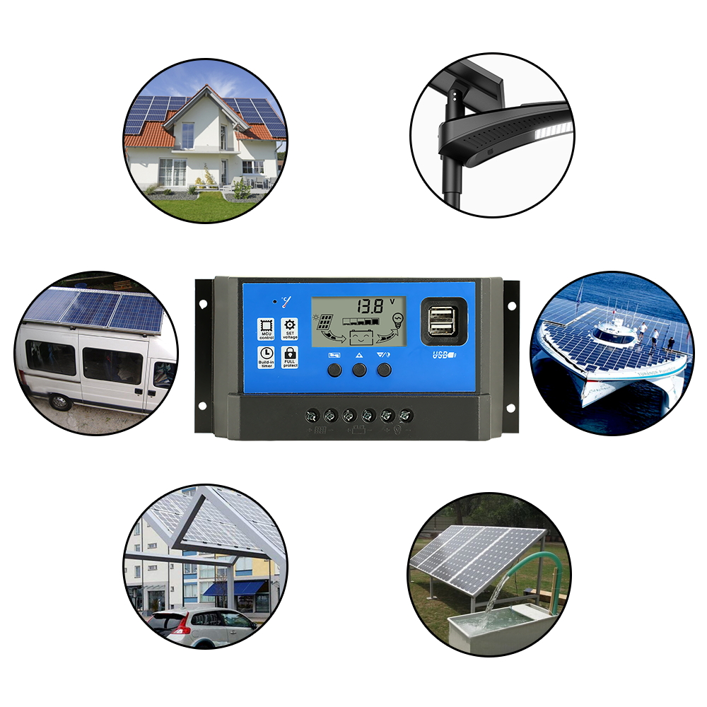 60/50/40/30/20/10A 12/24V Auto Solar Charge Controller PWM Controllers LCD Dual USB 5V Output Solar