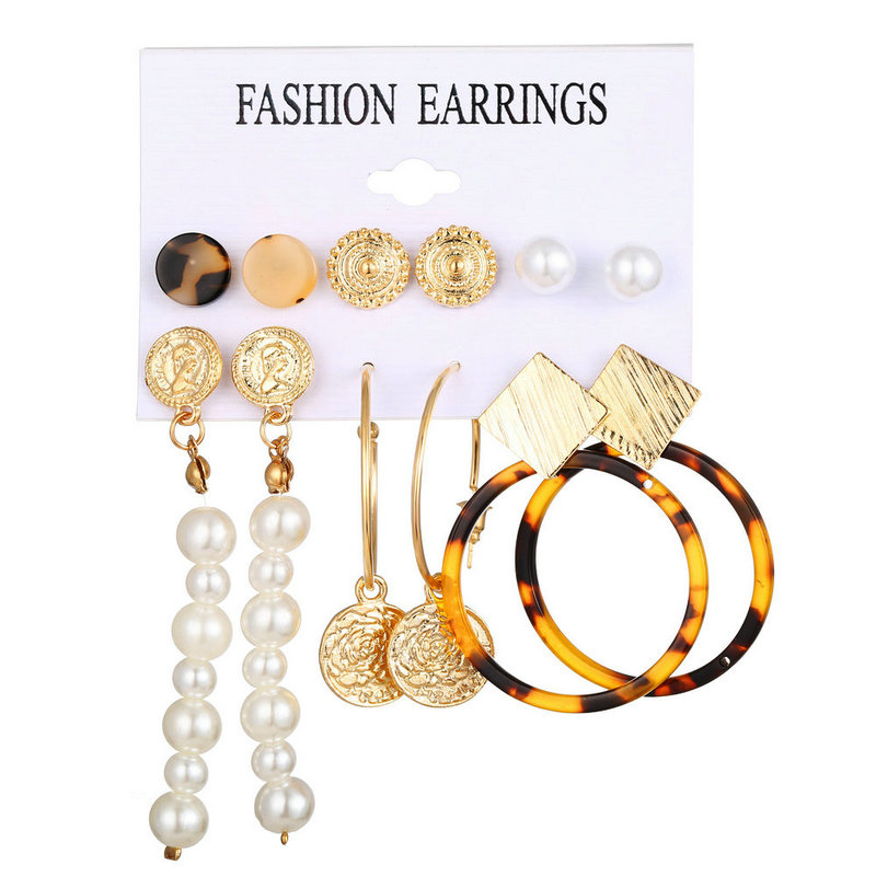 5169 6pcs Fashion Gold Pearl Tassel Earrings Set For Women Vintage Metal Hoop Earings Geometric Circle Drop Earrings New Jewelry