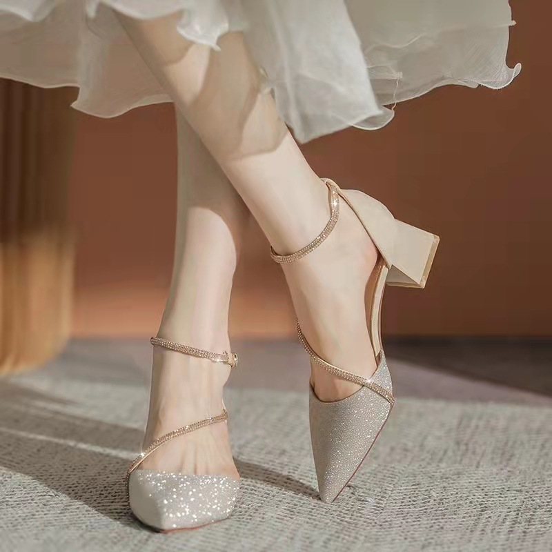 Heels Wedding Shoes Bridal Pointed Clear Heels Sandals Ladies Rhinestone Shoes for WomenBeige