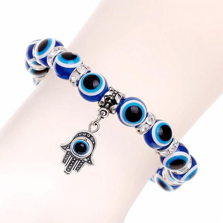 Huadeer Evil Eye Beaded Charm Bracelets Blue Eye Bead Hamsa Stretch Bracelet Hand of Fatima Turkish Lucky Bracelet for Women Men for Protection and Blessing