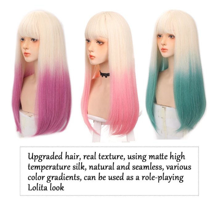 Long straight hair synthetic wig girl pink white gradient bangs cosplay Lolita party heat-resistant wigs