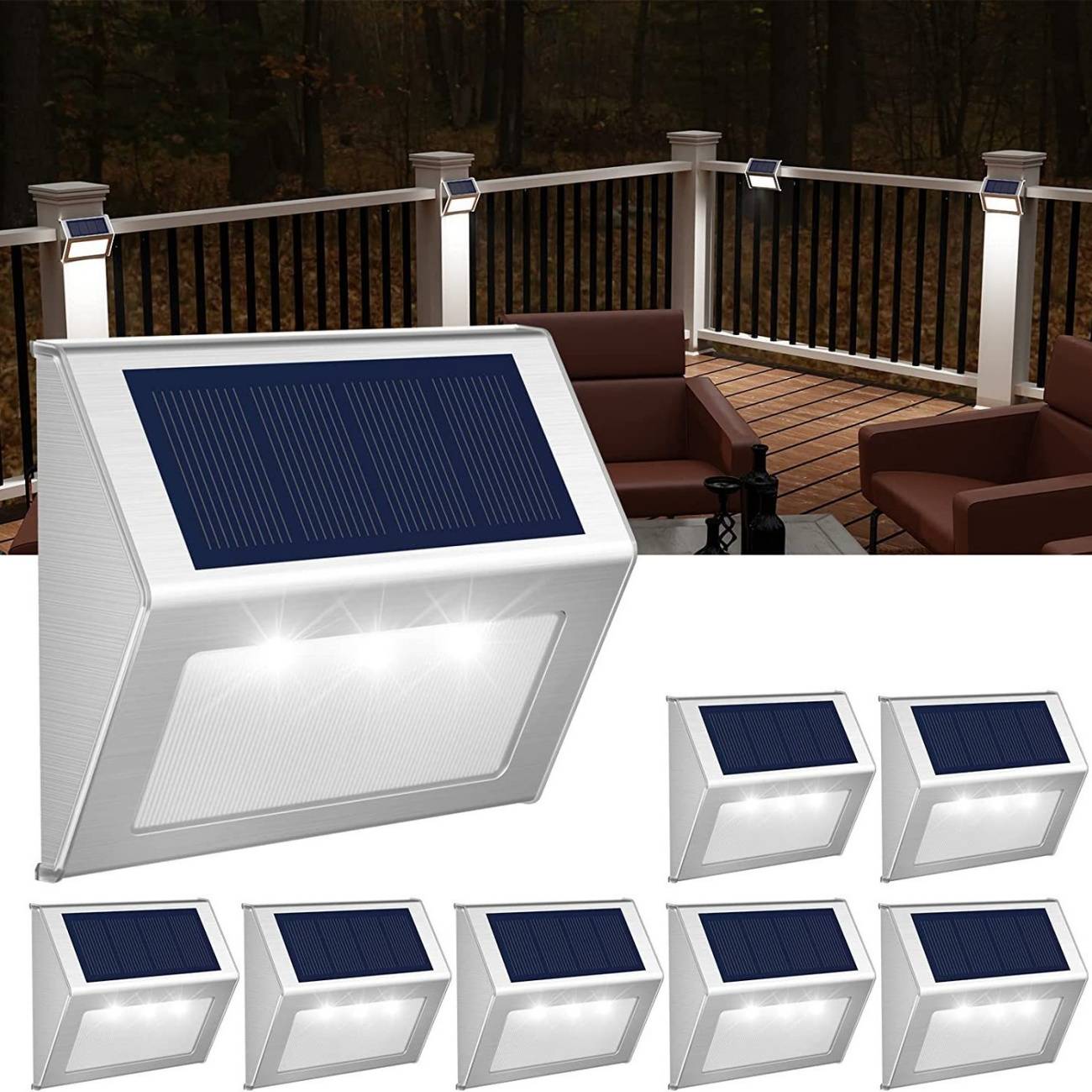 New Solar Stainless Steel LED Step Lights Rainproof Outdoor Wall Mount Lamp Auto On/Off Dusk To Dawn Lighting, Rust Resistant Stainless Steel Housing.Garden Wall, Yard Fence, Patio Walkway, Courtyard Decorative Night Light
