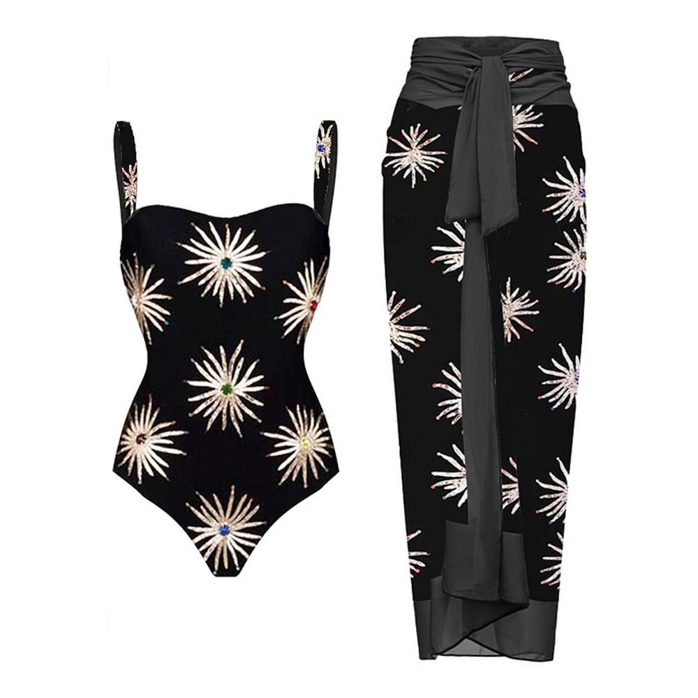 2629/8801 Womens One-Piece Swimsuit with Cover Ups Set Retro Fireworks Print One Piece Swimwear Sarong Summer Holiday Outfit