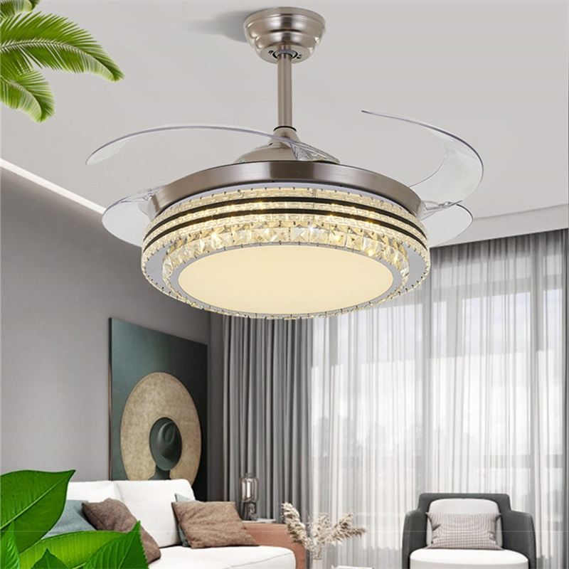 OUFULA Ceiling Fan Light Invisible Crystal LED Lamp With Remote Control Modern Luxury For Home Living Room Bedroom