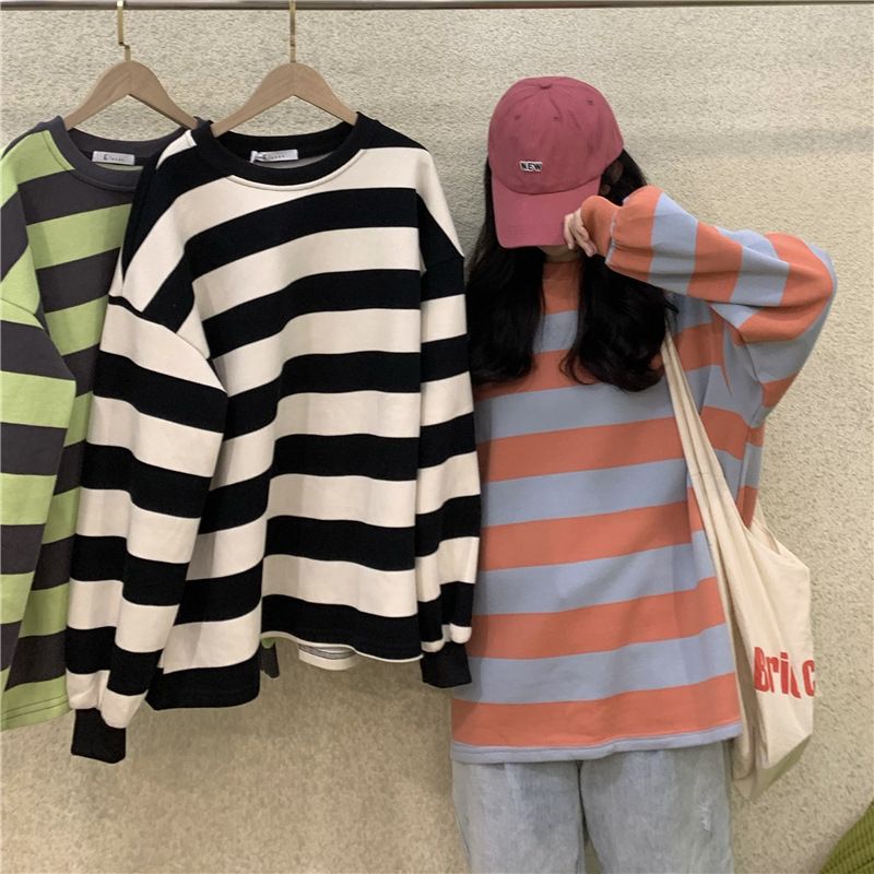 491 Women's Spring/Autumn New Thin Loose Tops Striped Crewneck Tops