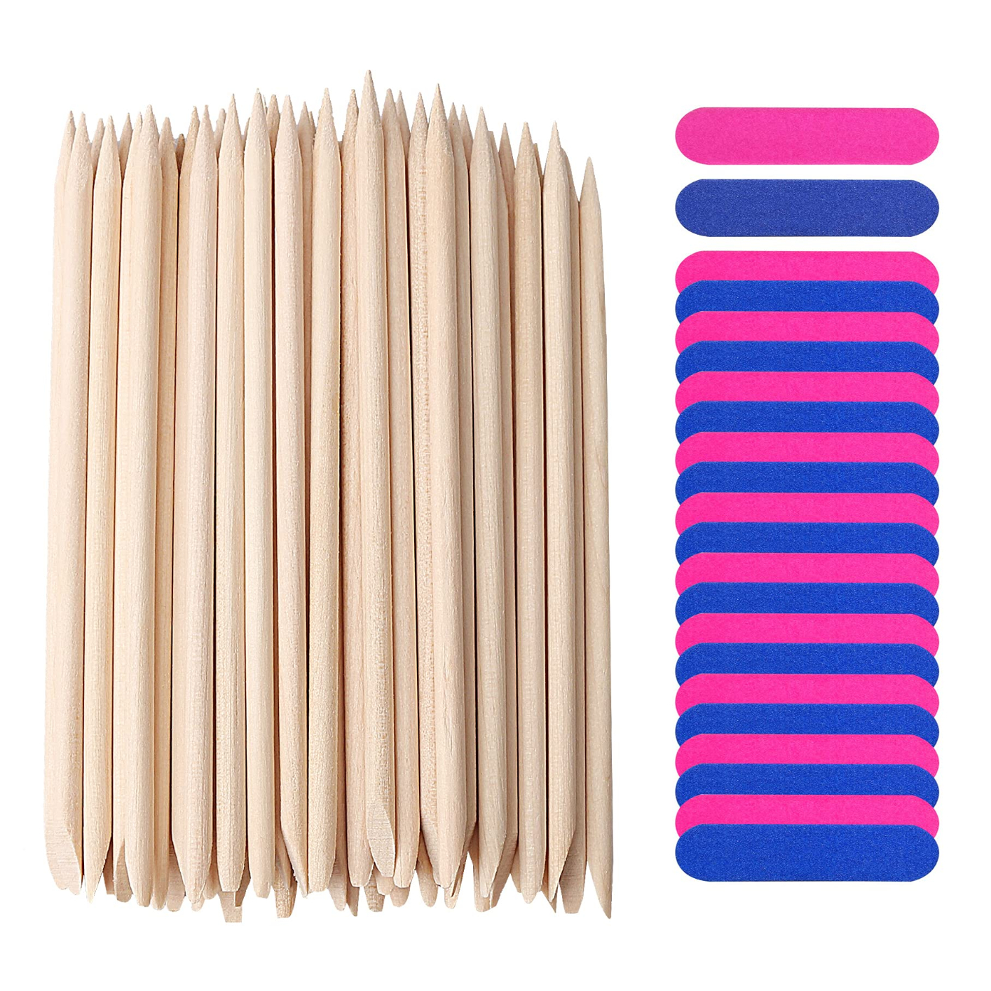 100 PCS Nail Art Pedicure Tools, 50 PCS Mini Nail Files Double Sided Nail Buffer for Natural Nails and 50 PCS Nail Cuticle Sticks Wood Nail Sticks Orange Sticks for Nails