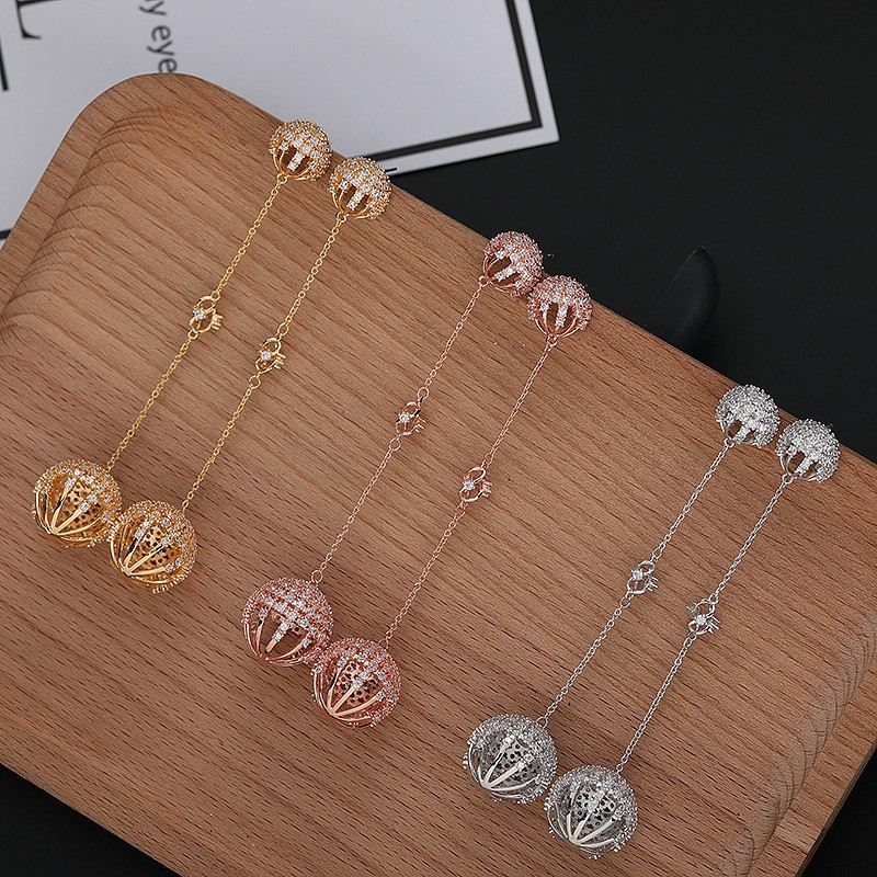 Long Chain Hollow Round Ball Dangle Earrings Gold Rose Gold Silver Plated Full Paved Clear Zircon Minimalist Elegant Tassel Drop Ear Jewelry Simple Temperament Women Accessory Daily Wedding Banquet Cocktail Party Fashion Ornament Ideal Birthday Holiday Gift Earring For Young Ladies