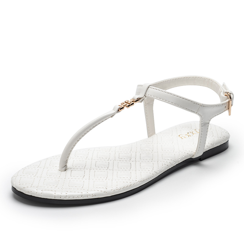 CFXXY-21 Women's Metal Decor T-Strap Bridal White Flat Sandals Beach Shoes
