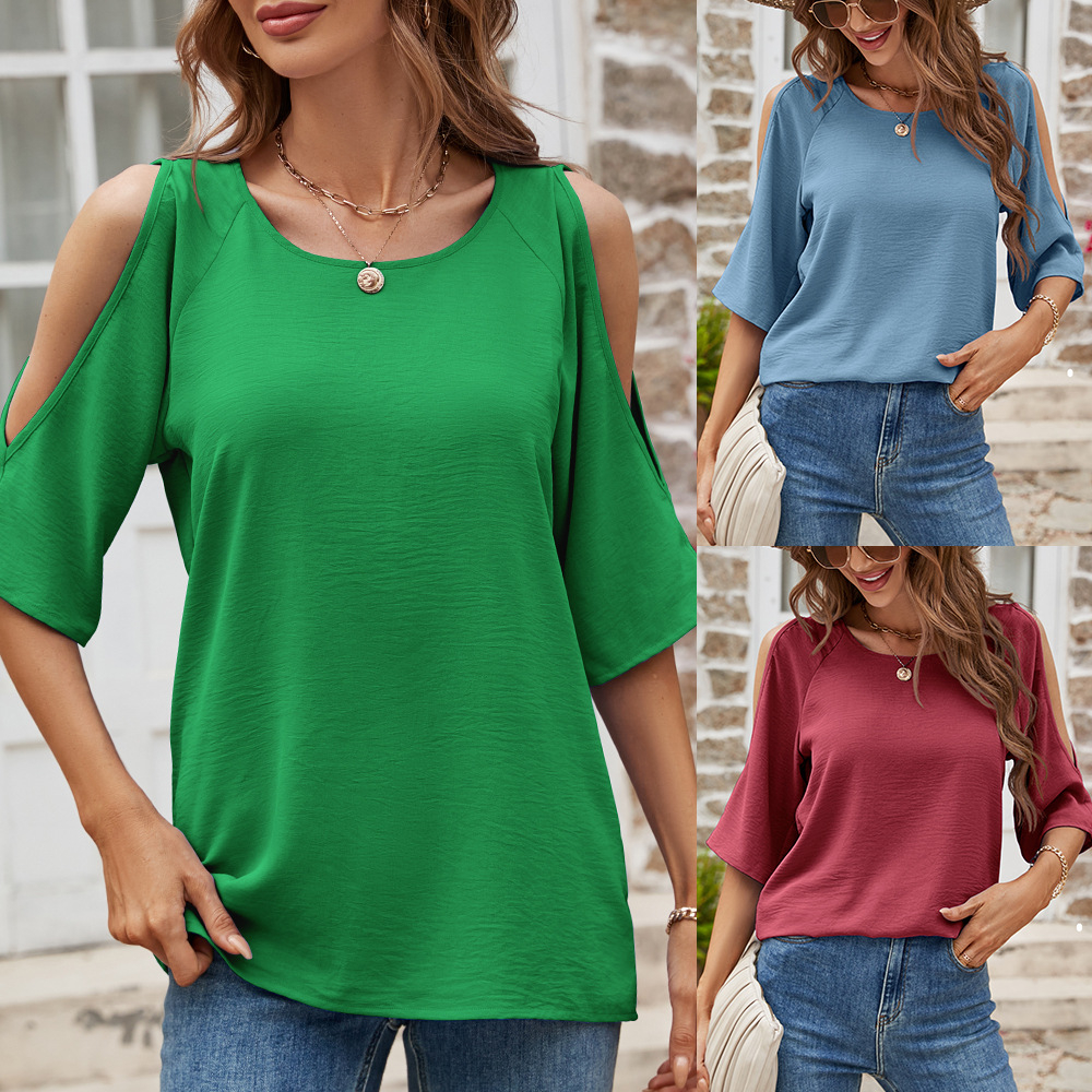 L2397 Women's Solid Color Round Neck Off-The-Shoulder Short Sleeve Top Casual Women's T-Shirt
