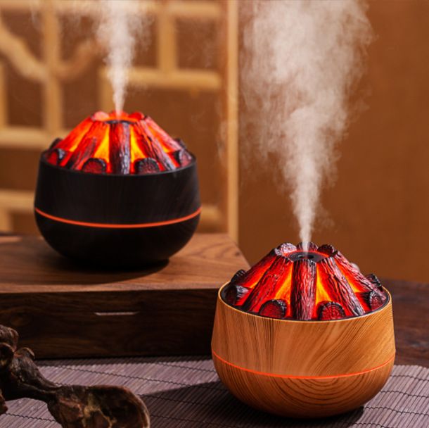 New Portable Desktop Simulated Charcoal Fire Humidifier, USB Ultrasonic Silent Cool Mist Humidifier, 300ml Dual Spray Mode Aroma Diffuser LED Atmosphere Light for Home Bedroom Office