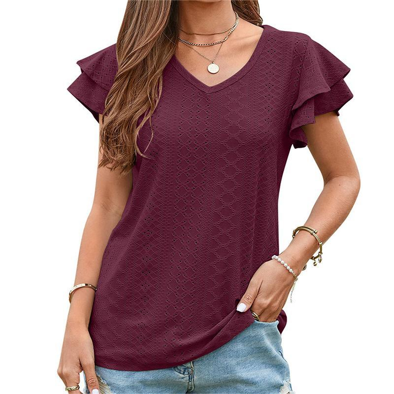 6625 Women's Summer New T-Shirt with Hollowed Out Lotus Leaf Sleeves Casual Top